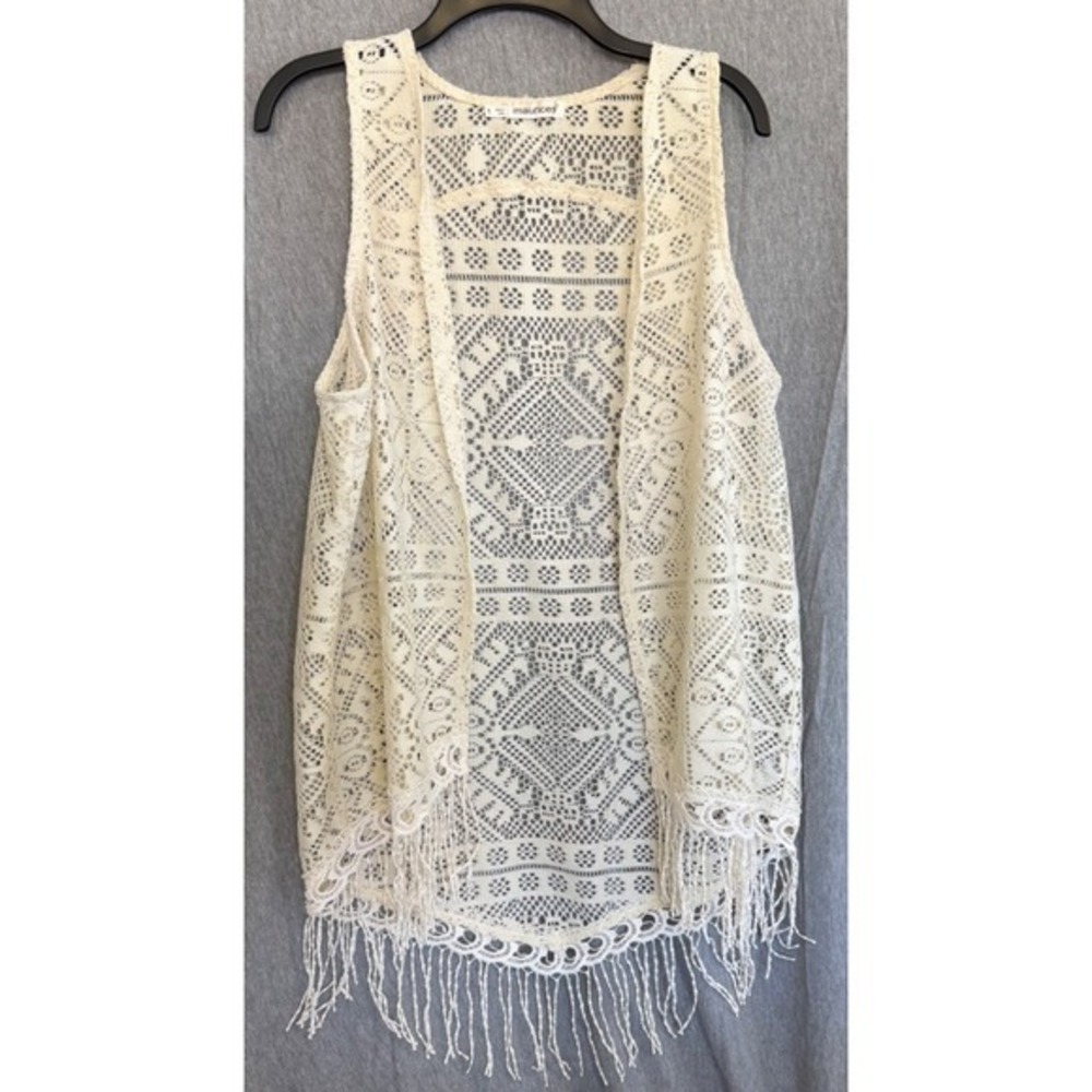 1X Crochet Lace Festival Vest Cream Fringe Boho Coastal Grandmother Hippie